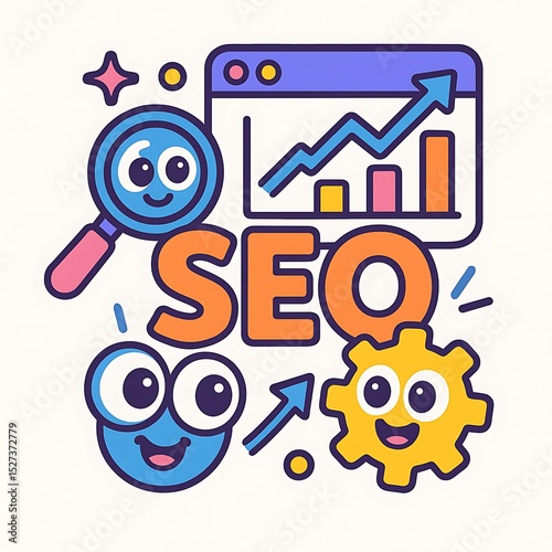 Successful SEO Strategy Marketing Illustration Featuring a Magnifying Glass, Graph, and Gear Icons