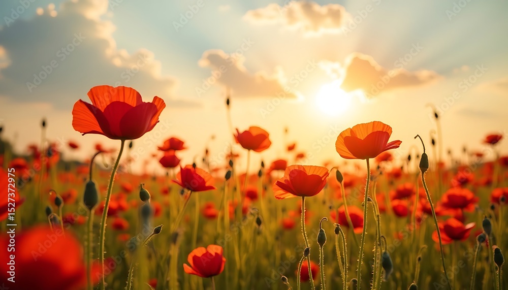 Fototapeta premium Field of Red Flowers Blooming at Sunset with Golden Light and Cloudy Sky