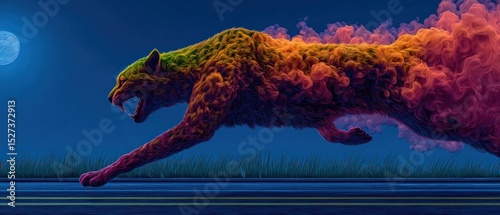 A vibrant, multicolored catlike creature, running at night