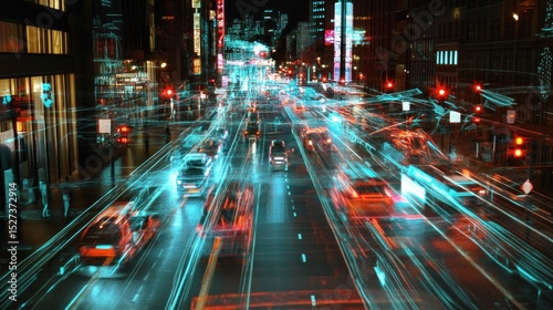 City street at night with futuristic overlay