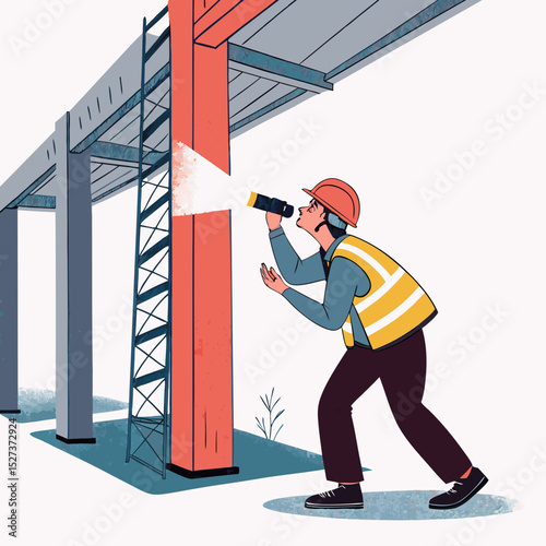 Create a bold vector illustration of a building inspector,  wearing a hard hat and carrying a clipboard,  in a confident pose.