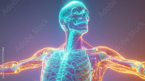 Human Skeleton in Neon Glow with Radiant Nervous System Design