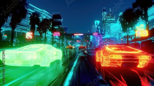 Neon-lit city street race. Cars streak through a futuristic metropolis bathed in vibrant neon lights