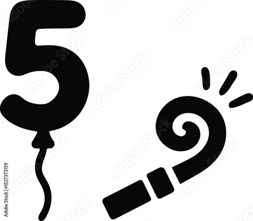 Vector Illustration 5th Birthday Party Balloons and Noisemaker