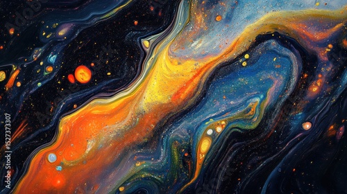 Abstract paint swirls in vibrant colors, with dark streaks and speckled highlights