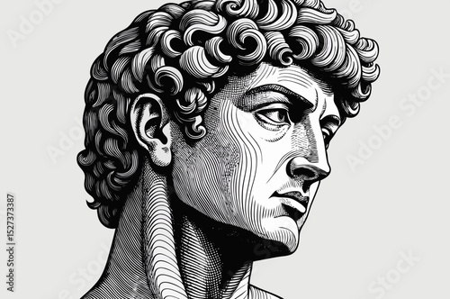 Black and white illustration of a classical sculpture head