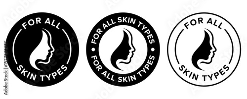 For all skin types label icon set. Face beauty women skin care packaging label for cream, toner, moisturizer, facial mask, lotion, logo, badge, symbol, black, line vector, isolated on white background