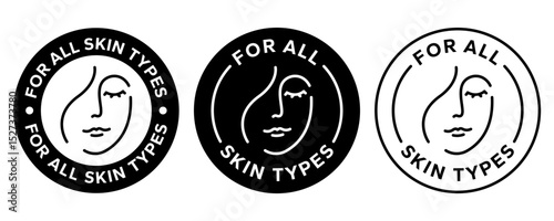 For all skin types label icon set. Face beauty women skin care packaging label for cream, toner, moisturizer, facial mask, lotion, logo, badge, symbol, black, line vector, isolated on white background