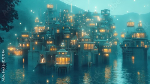 Floating city bathed in ethereal light