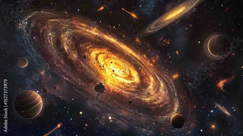 Cosmic collision, swirling galaxies, fiery nebula