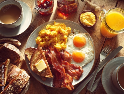 Hyper-realistic photo of a typical English breakfast with a cup of coffee, scrambled eggs, crispy bacon, toasted bread, butter, a jar of jam, a glass of orange juice, top shot view, sunny light, with 
