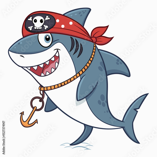 Create a bold vector illustration of a cartoon pirate shark with exaggerated features, thick black outlines, and a playful expression.