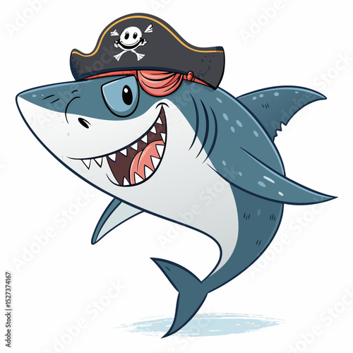 Create a vector illustration of a bold, cartoon pirate shark with exaggerated features.  Include a cutlass and eye patch.