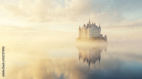 Majestic castle on an island, shrouded in morning mist