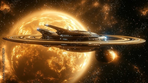 Spaceship orbiting a fiery planet in a vast cosmos