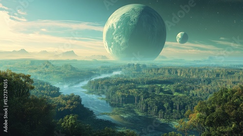Lush alien river valley with large planet