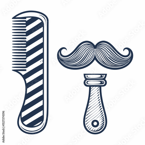 Create a bold, vector illustration of a comb and mustache, emphasizing thick, black strokes.  The style should be graphic and impactful.