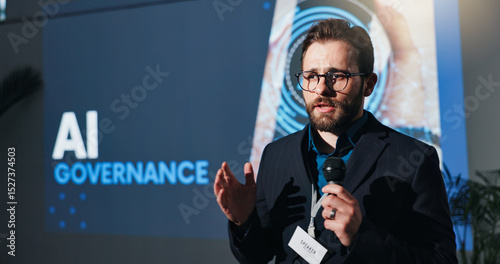 Bilde på lerret Businessman, microphone and talking at ai conference for governance, ethics and rules