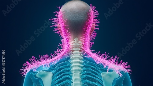 3D Illustration of Human Anatomy with Neon Spinal Visualization