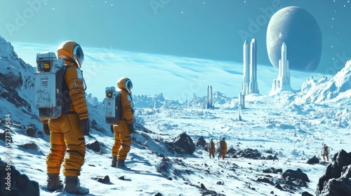 Astronauts explore a snowy alien landscape, futuristic city in the distance