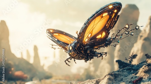 Futuristic, mechanical butterfly takes flight over a desert landscape.  Golden, intricate wings and metallic body contrast with the earthy tones of the surrounding terrain