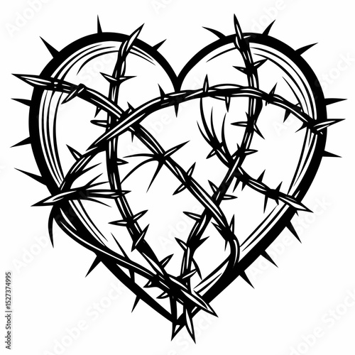 Black and white illustration of a heart entwined with thorns