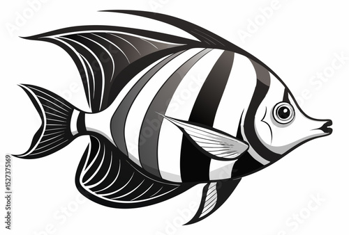 Monochrome illustration of a Moorish Idol fish swimming gracefully