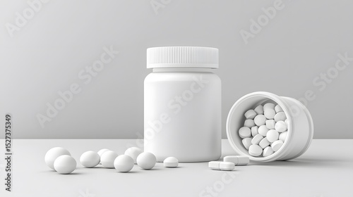 White Pills and Container on Minimalist Background