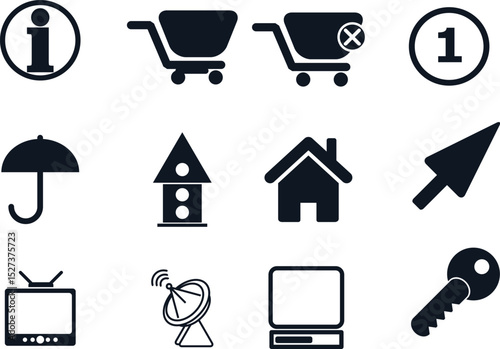 Collection of Simple Black and White Website Icons Shopping Cart, Home, Info, Umbrella, and More
