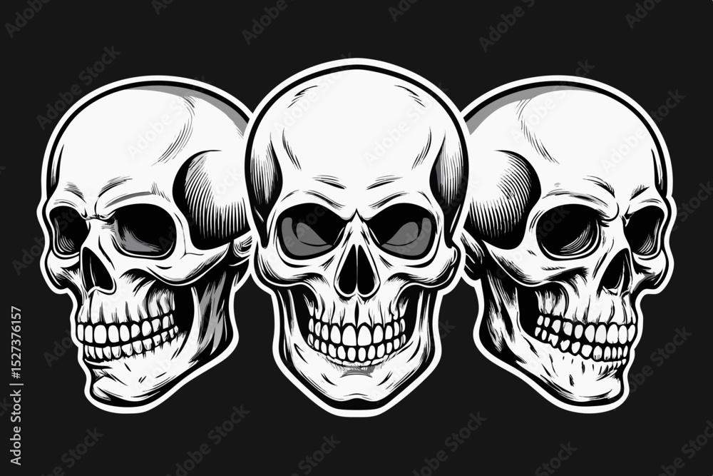 Three Detailed Skulls in a Row Black and White Illustration Three Detailed Skulls in a Row Black and White Illustration