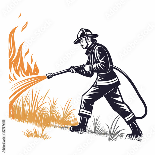 Create a bold vector illustration of a firefighter heroically battling a blaze, emphasizing strong lines and a powerful pose.
