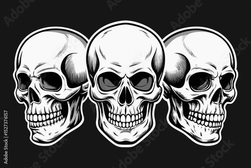 Three Detailed Skulls in a Row Black and White Illustration