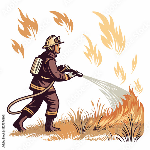 Create a bold vector illustration of a firefighter heroically holding a hose, emphasizing strong lines and vibrant colors.