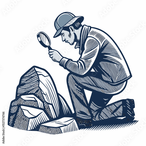 Create a bold vector illustration of a geologist meticulously examining a rock sample outdoors, emphasizing strong lines and impactful visuals.