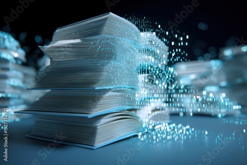 Concept of digital books turning into binary code, illustrating the shift to digital education.