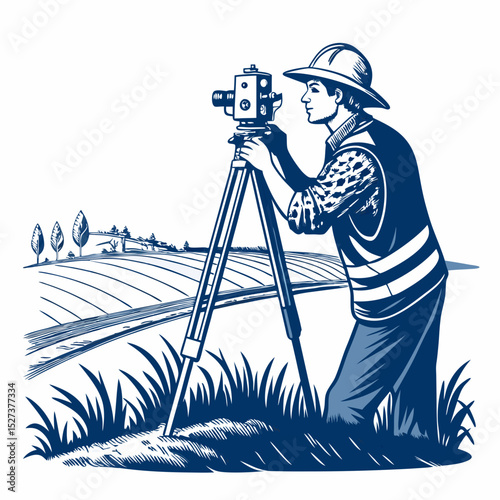Create a bold vector illustration of a land surveyor using a total station, emphasizing strong lines and a professional appearance.