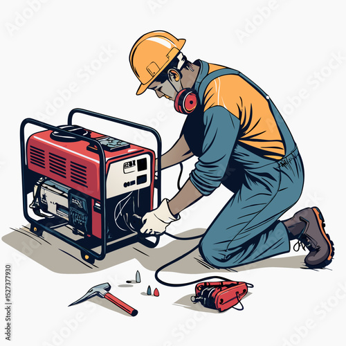 Create a bold vector illustration of a mechanic intensely focused on repairing a complex engine, emphasizing strong lines and vibrant color.