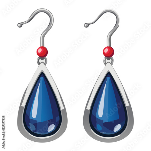Silver Blue Teardrop Earrings with Red Beads