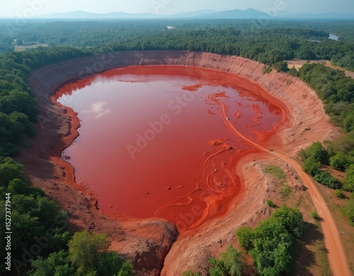 Fototapeta Naklejka Na Ścianę i Meble -  Aerial shot red polluted lake in nature. Environmental impact aluminium production. Toxic waste, bauxite residue, red mud dump pond, chemical contamination of water resources. Ecology disaster.