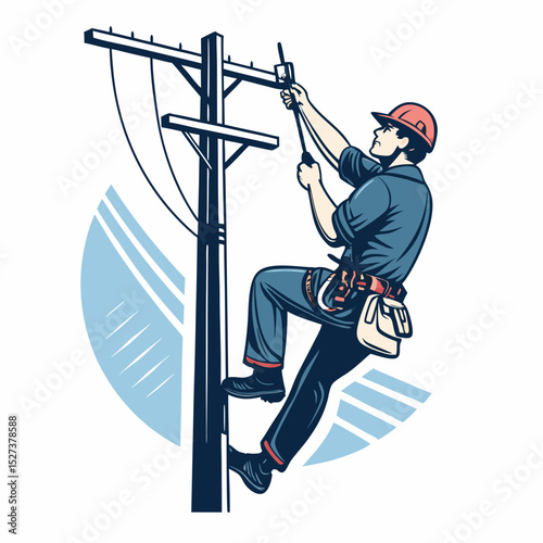 Create a bold vector illustration of an electrician repairing electrical wiring, emphasizing strong lines and vibrant colors.