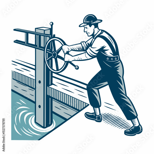 Create a bold vector illustration of an irrigation system, showcasing sprinklers, pipes, and water flow.  Focus on strong lines and a simplified, graphic style.