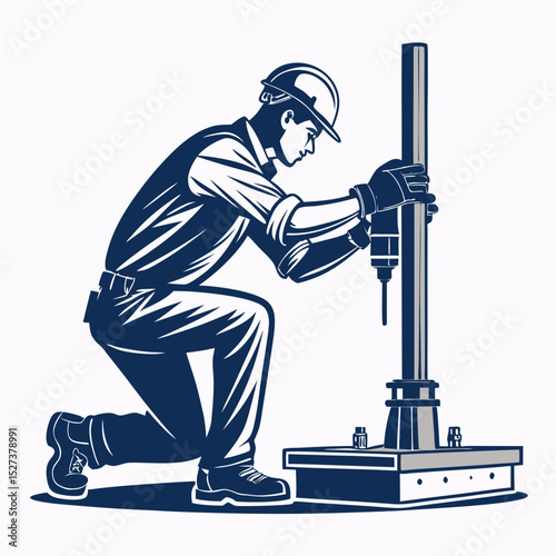 Create a bold, vector illustration of an oil rig worker in a welding position (TIG welding).  Focus on strong lines and impactful design.