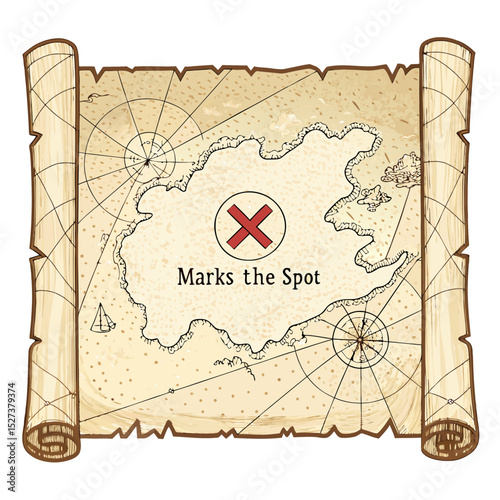 Create a bold vector illustration of an antique map featuring a prominent 'X' marking a location.  Ensure thick, easily scalable strokes.