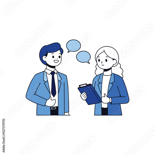Business professionals having a discussion with speech bubbles in blue color scheme