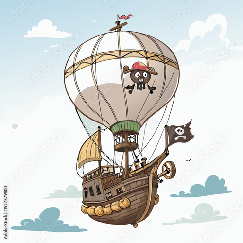 Create a vector illustration of a bold, heavily outlined pirate ship shaped balloon, suitable for printing, with strong, defined lines and vibrant colors.