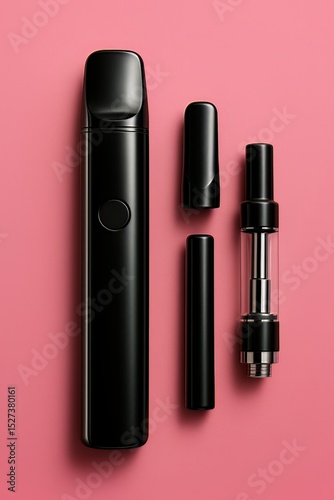 A sleek black vaporizer pen with disassembled components on a soft pink background studio shot style