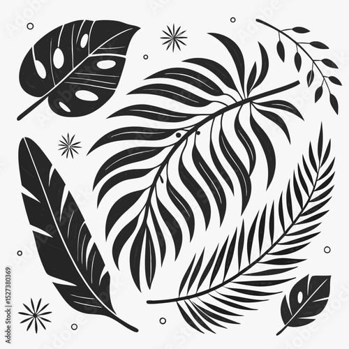 ropical leaves, palm leaf silhouettes, diverse collection, black shapes, leaf vector