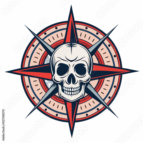 Create a bold, vector illustration of a pirate compass rose with thick strokes.  Include detailed design & strong color contrast.