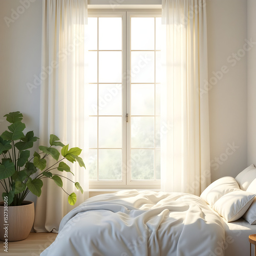 Bedroom with large window, natural light, and indoor plant – A serene bedroom filled with sunlight from a large window, soft curtains, and a leafy plant near the bed, realistic detail on white backgro