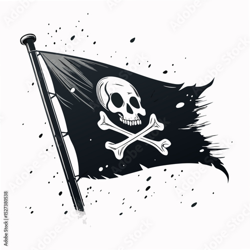 Design a bold, vector illustration of a fluttering pirate flag with a skull and crossbones, emphasizing strong, thick strokes.  High detail.
